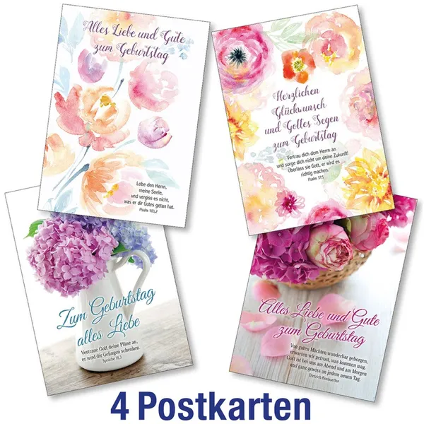 Produktbild des Artikels Postkartenserie: Geburtstag - gemischte Blumenmotive 4 Stk. (Schreibwaren)
