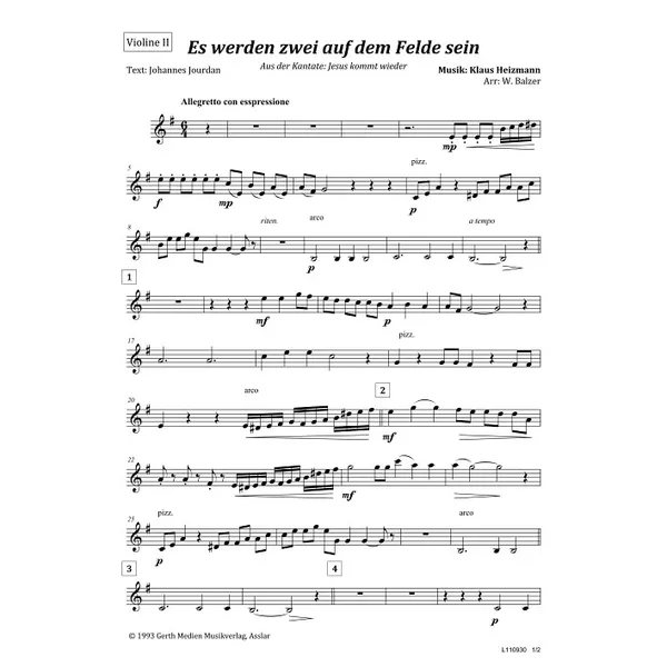 Produktbild des Artikels Es werden zwei auf dem Felde sein (Violine 2) (Noten - Download)