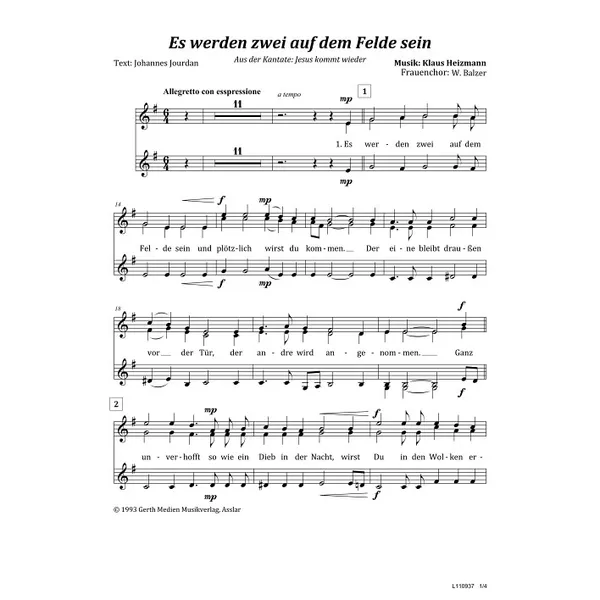 Produktbild des Artikels Es werden zwei auf dem Felde sein (Noten - Download)