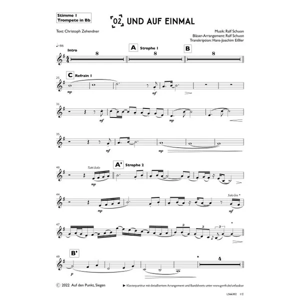 Produktbild des Artikels Und auf einmal (1. Trompete in Bb) (Noten - Download)