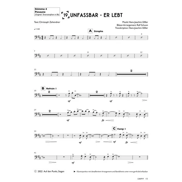 Produktbild des Artikels Unfassbar - Er lebt (Tenorsaxophon in Bb) (Noten - Download)