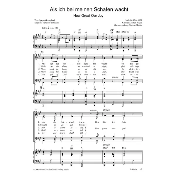 Produktbild des Artikels Als ich bei meinen Schafen wacht (Noten - Download)