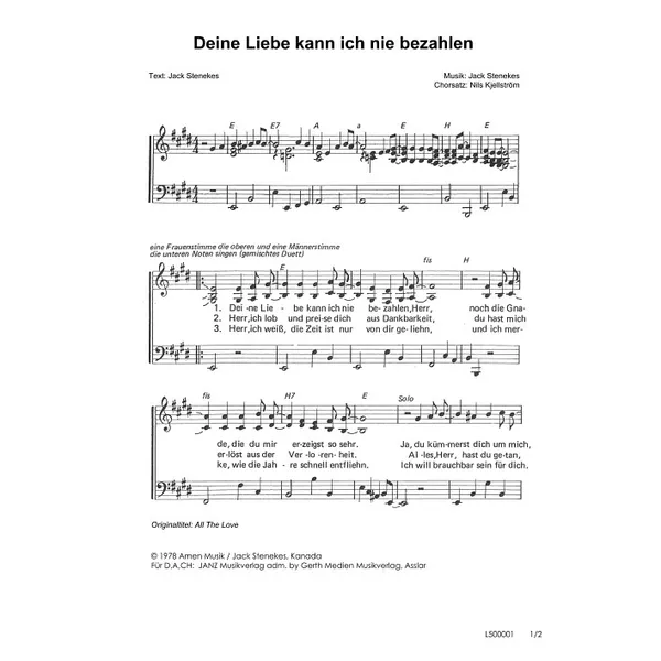 Produktbild des Artikels Deine Liebe kann ich nie bezahlen (Noten - Download)