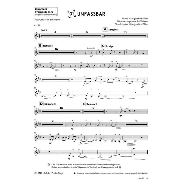 Produktbild des Artikels Unfassbar (2. Trompete in C) (Noten - Download)