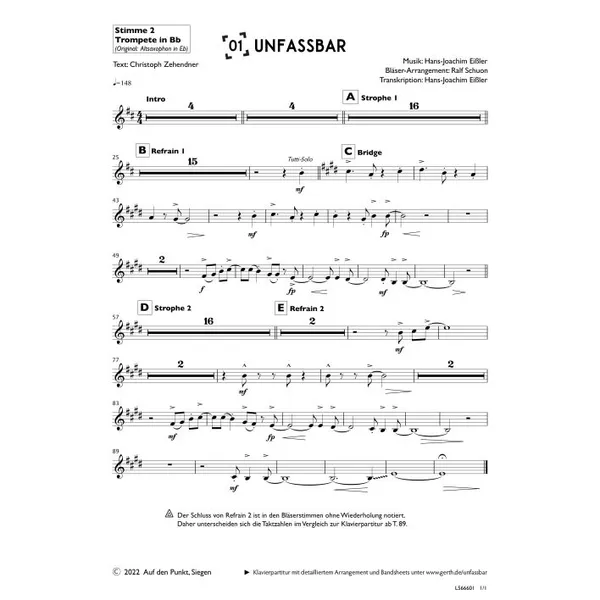 Produktbild des Artikels Unfassbar (2. Trompete in Bb) (Noten - Download)