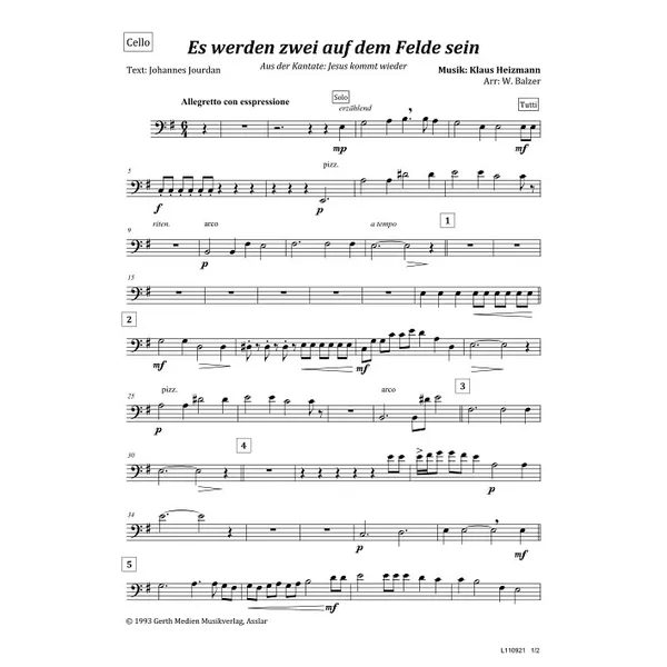 Produktbild des Artikels Es werden zwei auf dem Felde sein (Cello) (Noten - Download)