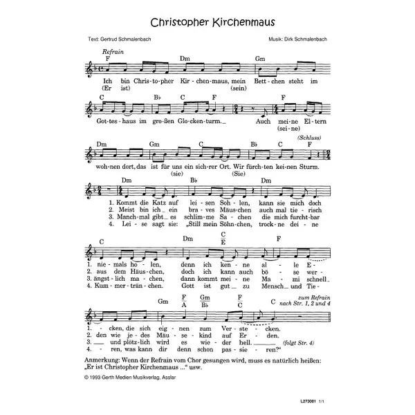 Produktbild des Artikels Christopher Kirchenmaus (Noten - Download)