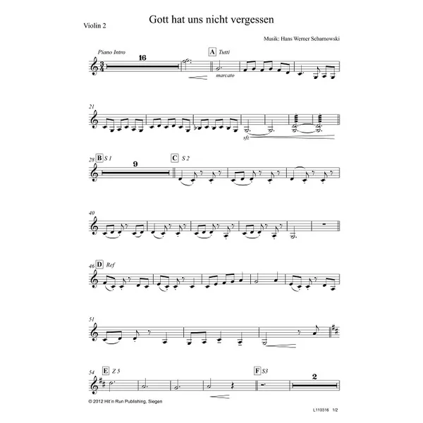 Produktbild des Artikels Gott hat uns nicht vergessen (Violine 2) (Noten - Download)