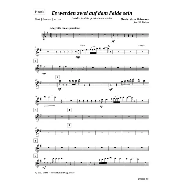 Produktbild des Artikels Es werden zwei auf dem Felde sein (Piccolo) (Noten - Download)
