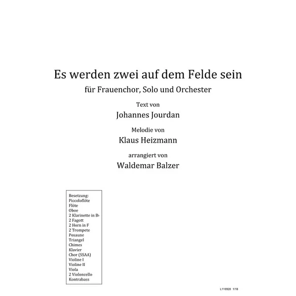 Produktbild des Artikels Es werden zwei auf dem Felde sein (Noten - Download)