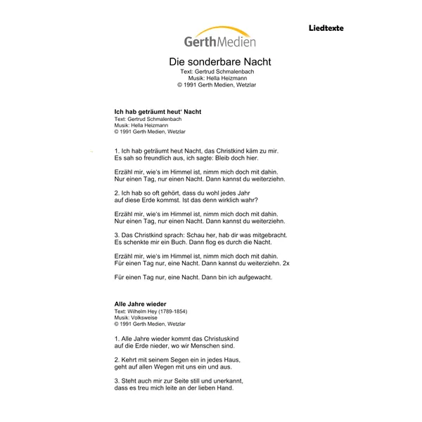 Produktbild des Artikels Die sonderbare Nacht (Liedtexte) (Noten - Download)