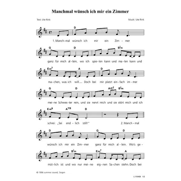 Produktbild des Artikels Manchmal wünsch ich mir ein Zimmer (Noten - Download)