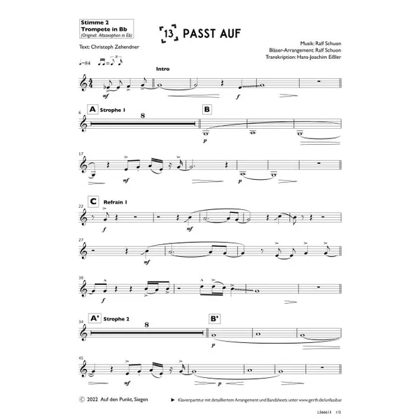 Produktbild des Artikels Passt auf (2. Trompete in Bb) (Noten - Download)