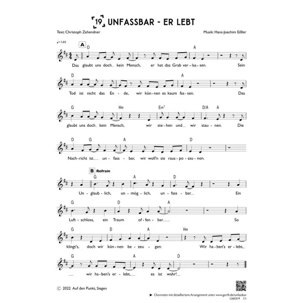 Produktbild des Artikels Unfassbar - Er lebt (einstimmig) (Noten - Download)