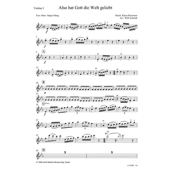 Produktbild des Artikels Also hat Gott die Welt geliebt (Violine 1) (Noten - Download)