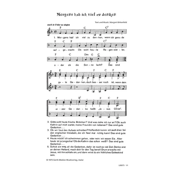 Produktbild des Artikels Morgens hab ich viel zu denken (Noten - Download)