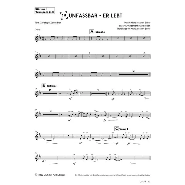 Produktbild des Artikels Unfassbar - Er lebt (1. Trompete in C) (Noten - Download)