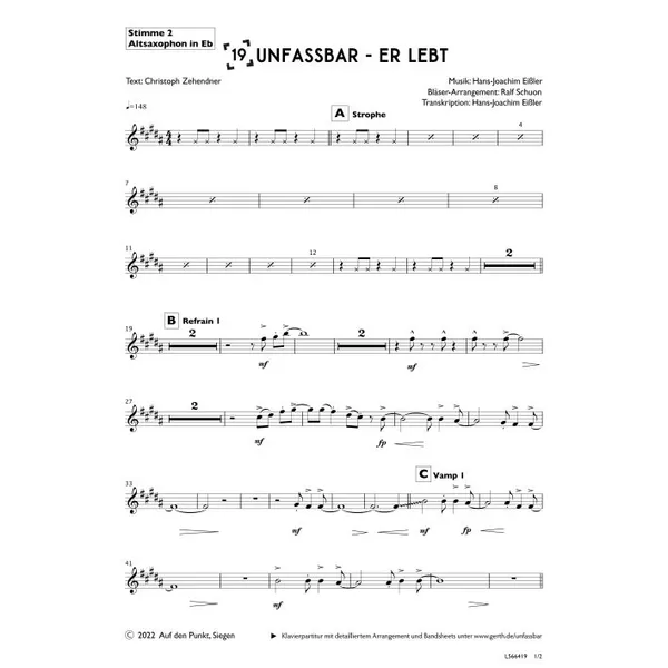 Produktbild des Artikels Unfassbar - Er lebt (Altsaxophon in Eb) (Noten - Download)