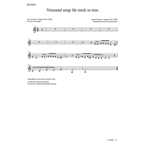 Produktbild des Artikels Niemand sorgt für mich so treu (Horn in Es) (Noten - Download)