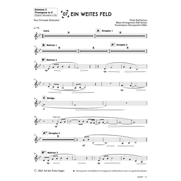 Produktbild des Artikels Ein weites Feld (2. Trompete in C) (Noten - Download)