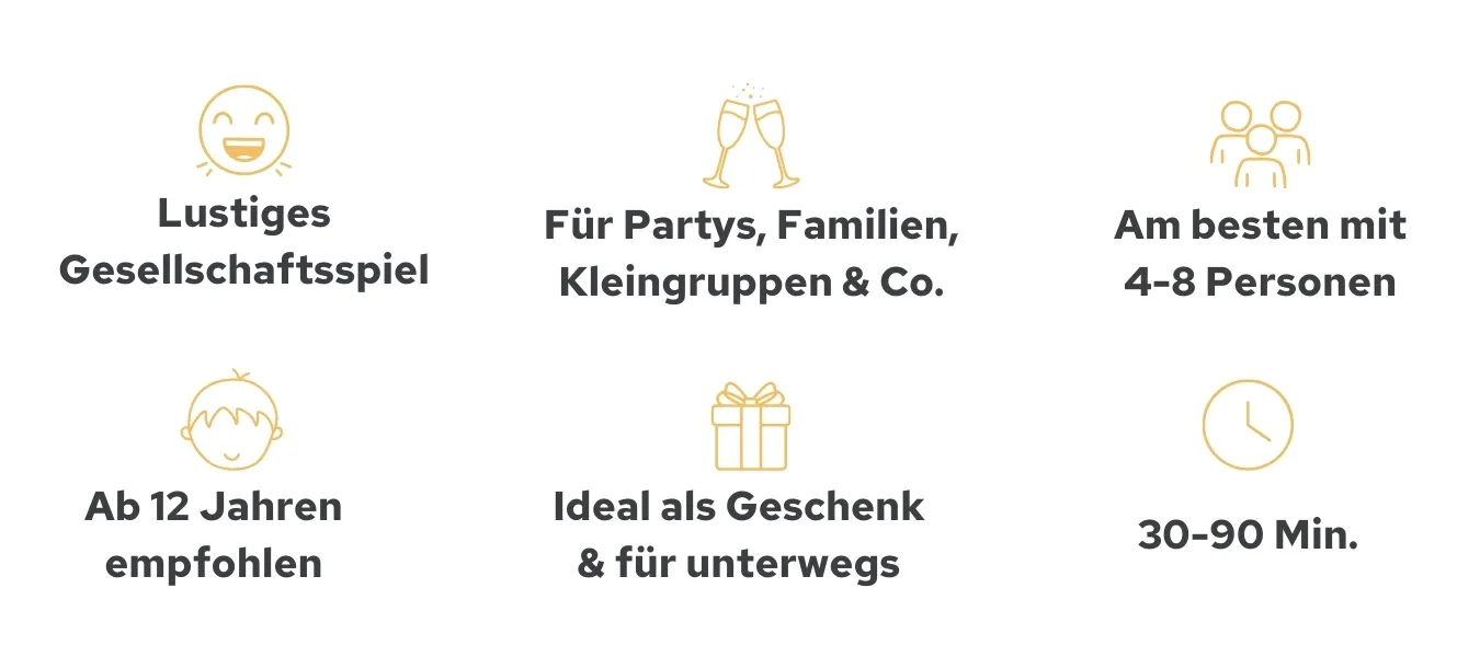 Für Partys, Familien und Kleingruppen. Am besten 4-8 Personen. Empfohlen ab 12 Jahren. Spieldauer ca. 30-90 Minuten.