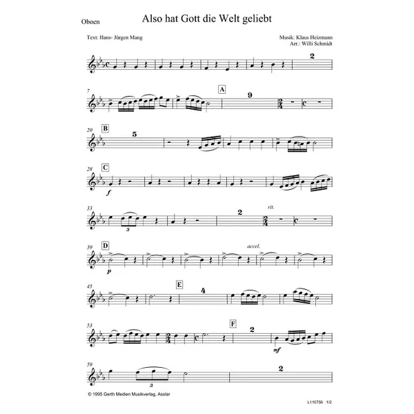Produktbild des Artikels Also hat Gott die Welt geliebt (Oboe) (Noten - Download)