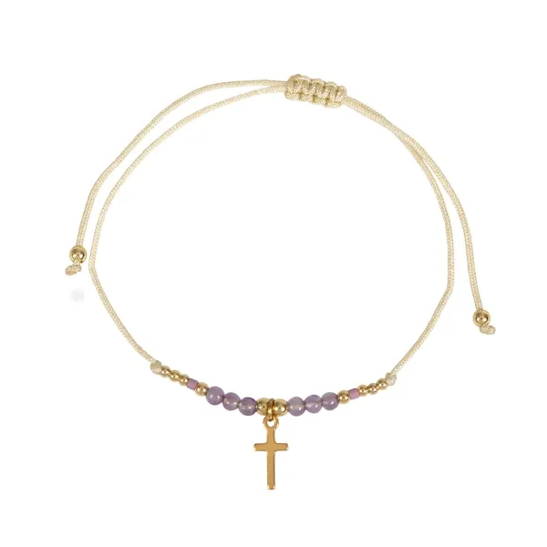 Produktbild des Artikels Armband Textil "Perlen/Kreuz/Edelstahl" - gold/lila ()