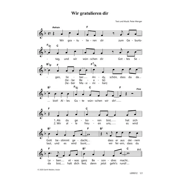 Produktbild des Artikels Wir gratulieren dir (Noten - Download)