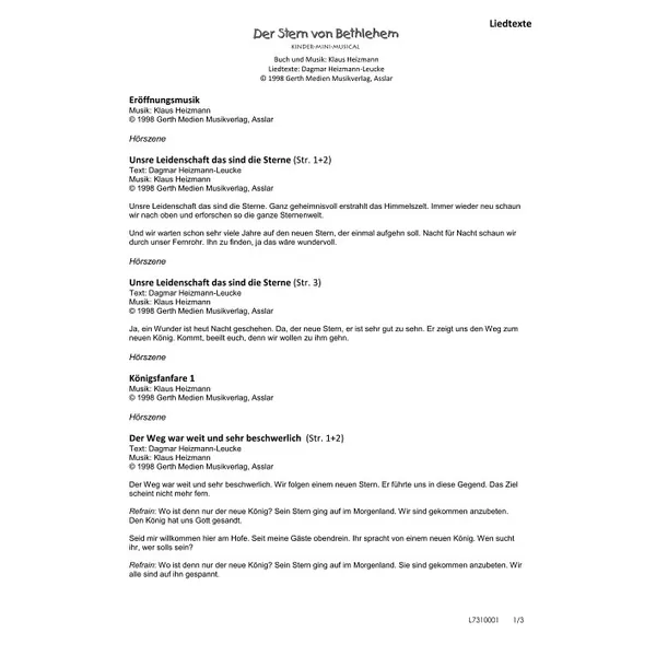 Produktbild des Artikels Der Stern von Bethlehem (Liedtexte) (Noten - Download)
