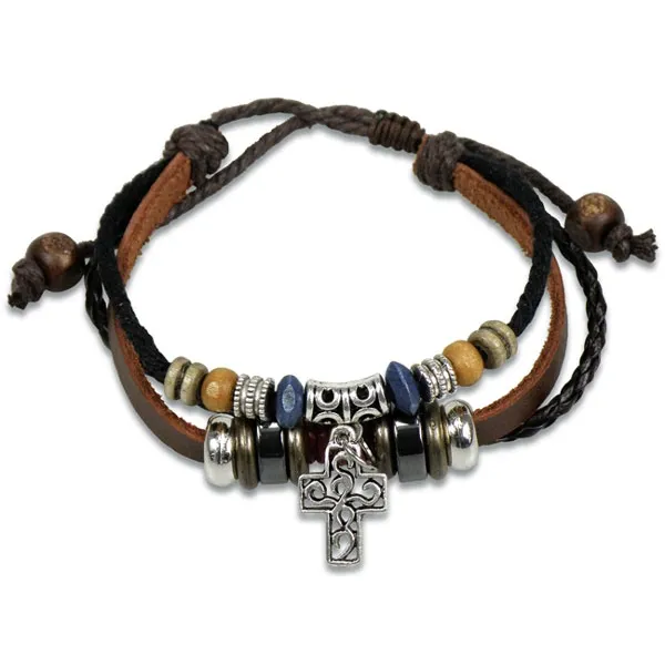 Produktbild des Artikels Lederarmband Kreuz/Perlen - bordeaux/braun ()