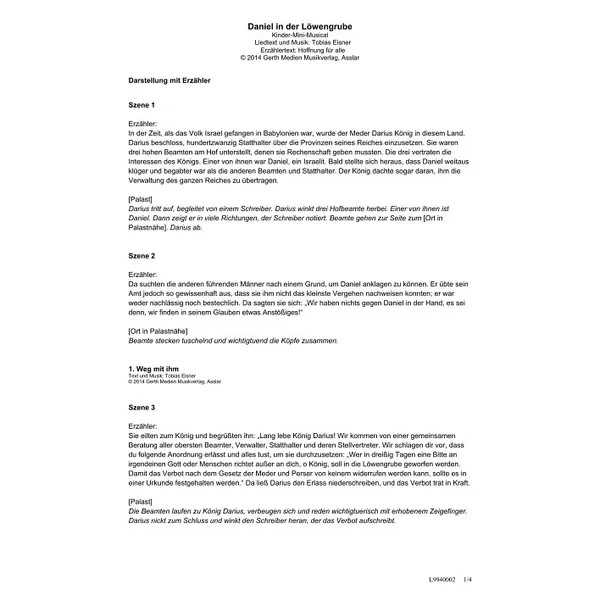 Produktbild des Artikels Daniel in der Löwengrube (Szenen mit Erzählertext) (Noten - Download)