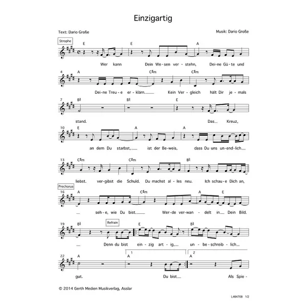 Produktbild des Artikels Einzigartig (Noten - Download)