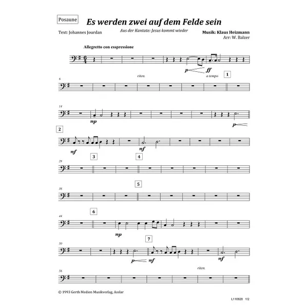 Produktbild des Artikels Es werden zwei auf dem Felde sein (Posaune) (Noten - Download)