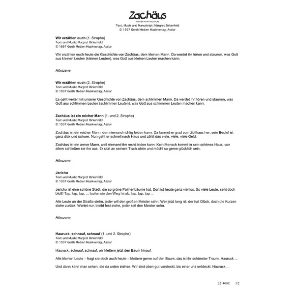 Produktbild des Artikels Zachäus (Liedtexte) (Noten - Download)