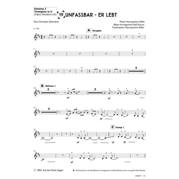 Produktbild des Artikels Unfassbar - Er lebt (2. Trompete in C) (Noten - Download)