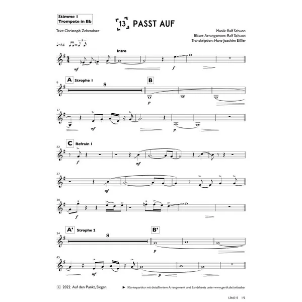 Produktbild des Artikels Passt auf (1. Trompete in Bb) (Noten - Download)