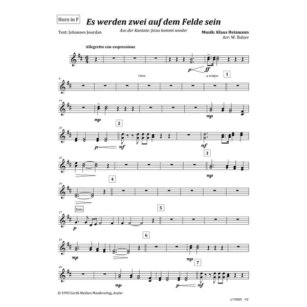 Produktbild des Artikels Es werden zwei auf dem Felde sein (Horn in F) (Noten - Download)