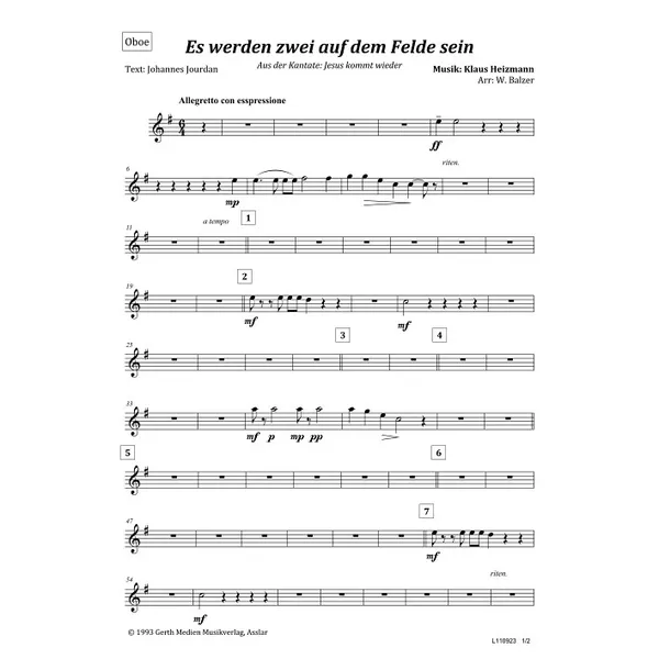 Produktbild des Artikels Es werden zwei auf dem Felde sein (Oboe) (Noten - Download)