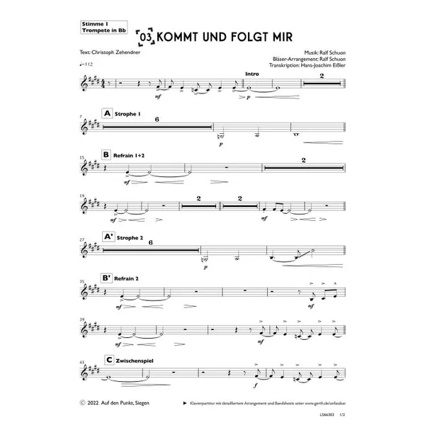 Produktbild des Artikels Kommt und folgt mir (1. Trompete in Bb) (Noten - Download)