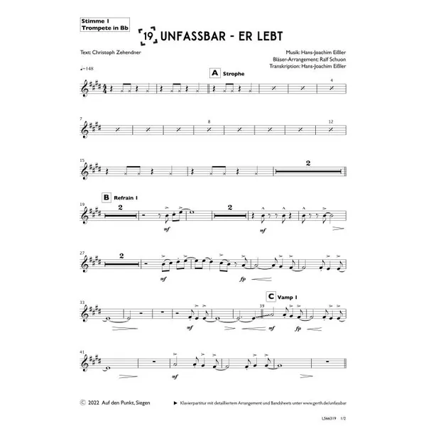 Produktbild des Artikels Unfassbar - Er lebt (1. Trompete in Bb) (Noten - Download)