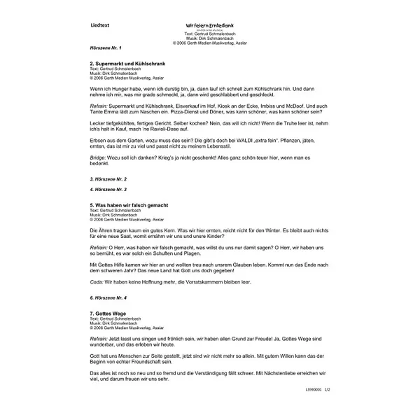 Produktbild des Artikels Wir feiern Erntedank (Liedtexte) (Noten - Download)