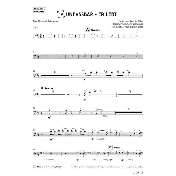 Produktbild des Artikels Unfassbar - Er lebt (3. Posaune) (Noten - Download)