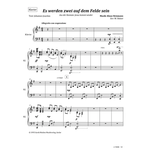 Produktbild des Artikels Es werden zwei auf dem Felde sein (Klavier) (Noten - Download)