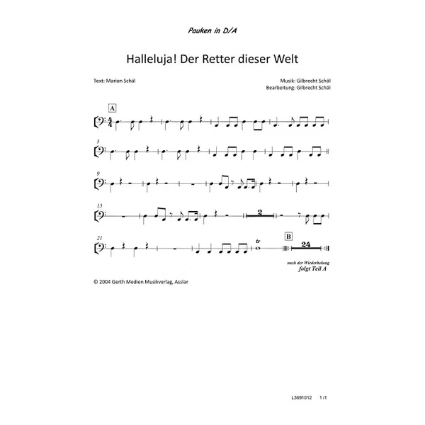 Produktbild des Artikels Halleluja! Der Retter dieser Welt ist da (Pauken) (Noten - Download)