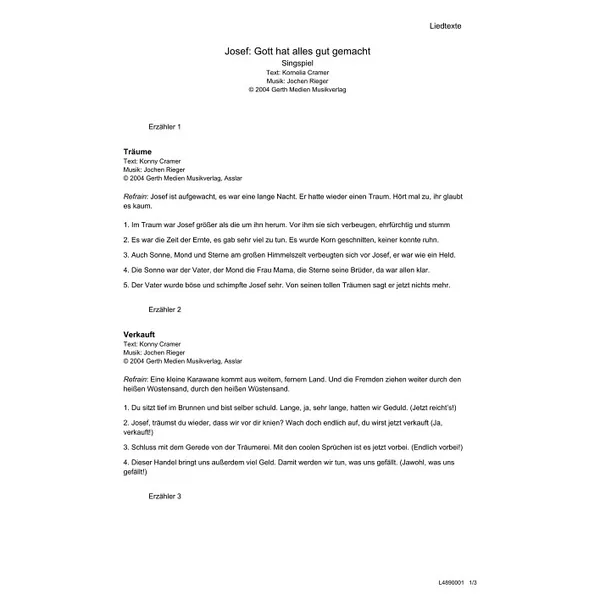 Produktbild des Artikels Josef - Gott hat alles gut gemacht (Liedtexte) (Noten - Download)