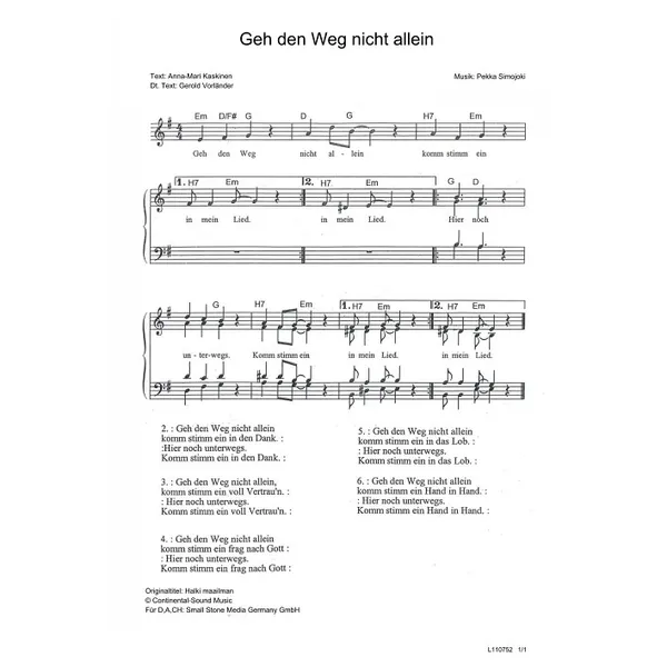Produktbild des Artikels Geh den Weg nicht allein (Noten - Download)