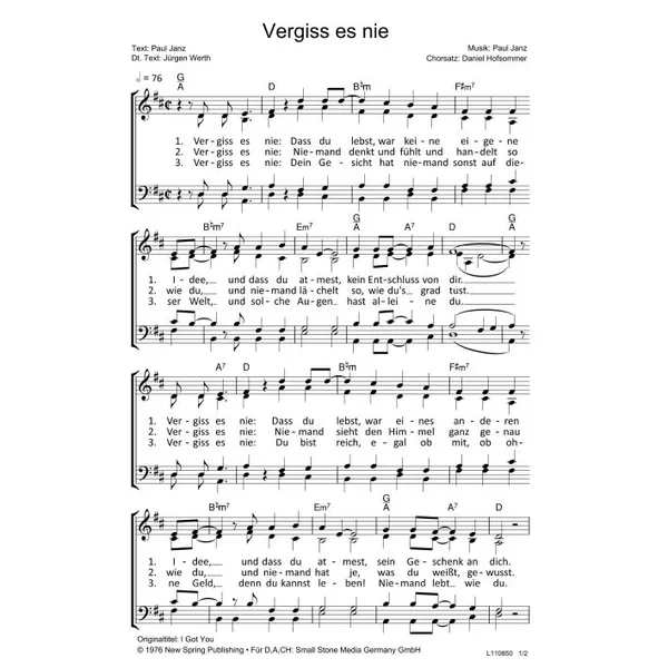 Produktbild des Artikels Vergiss es nie (Noten - Download)