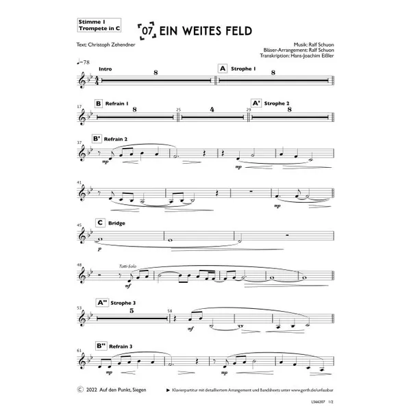 Produktbild des Artikels Ein weites Feld (1. Trompete in C) (Noten - Download)