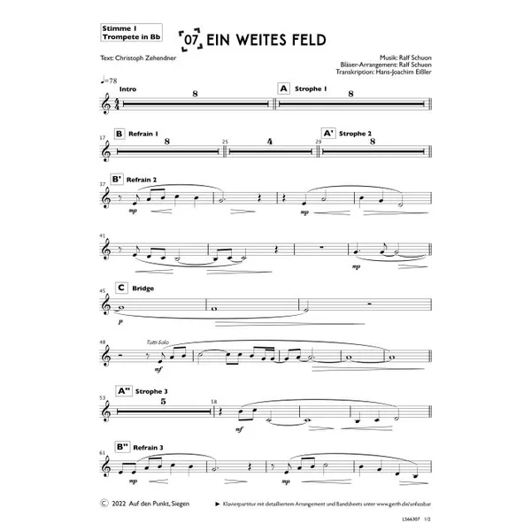 Produktbild des Artikels Ein weites Feld (1. Trompete in Bb) (Noten - Download)
