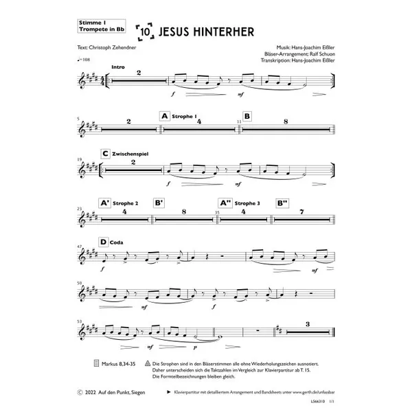 Produktbild des Artikels Jesus hinterher (1. Trompete in Bb) (Noten - Download)